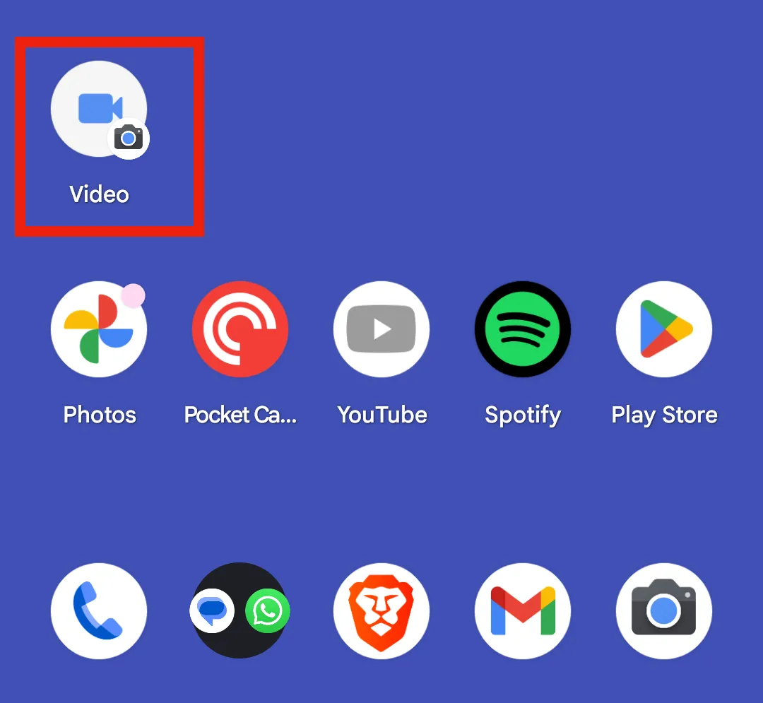 Phím tắt 'Video Camera' trên màn hình chính của điện thoại Pixel