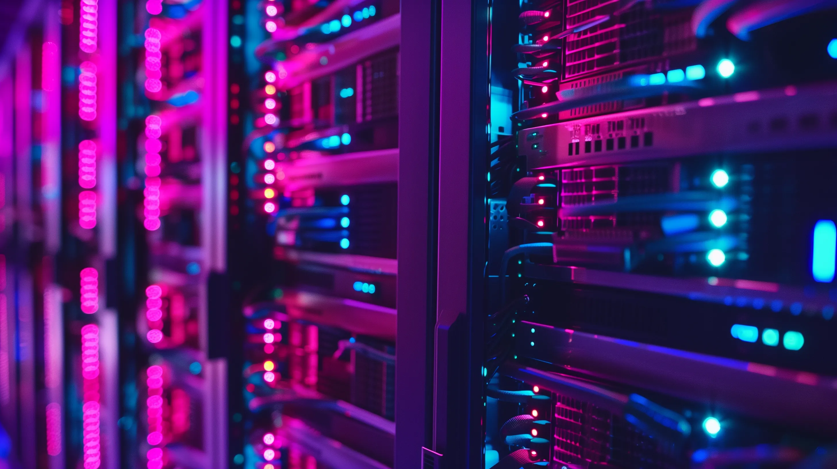 Phòng máy chủ với ánh đèn neon phản chiếu, tượng trưng cho hạ tầng internet được vận hành bởi Linux.