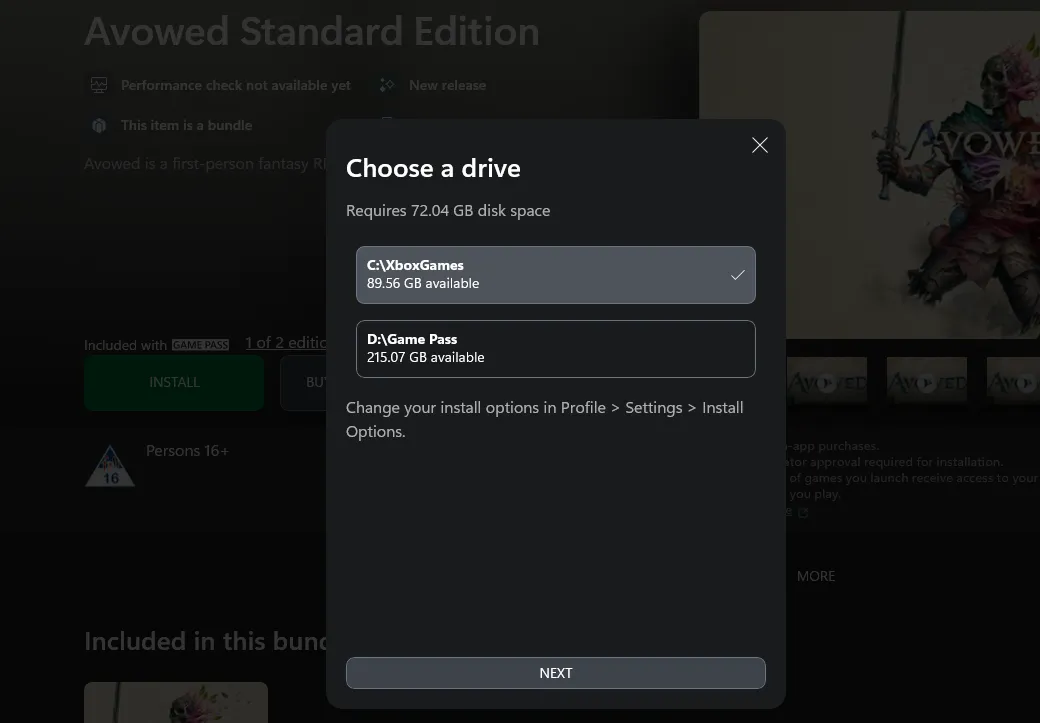 Quá trình cài đặt tựa game Avowed thông qua ứng dụng Xbox trên PC Game Pass.