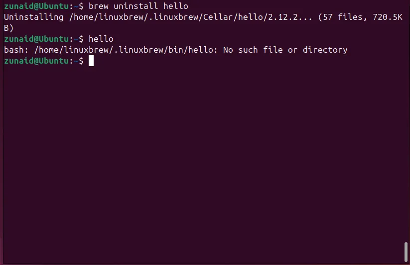 Quá trình gỡ cài đặt gói 'hello' bằng lệnh 'brew uninstall hello' trên terminal Linux, hiển thị thông báo xác nhận gỡ bỏ.