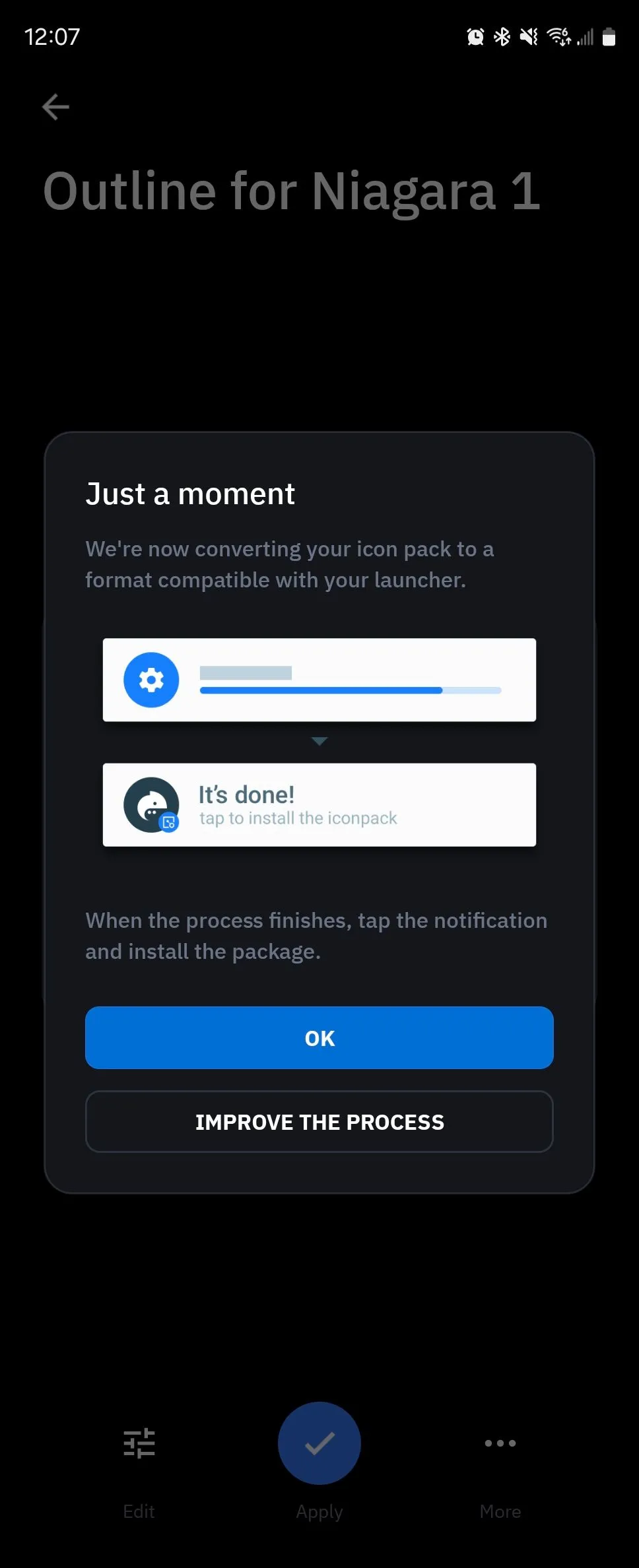 Quá trình Icon Pack Studio xuất gói biểu tượng tùy chỉnh thành tệp APK sẵn sàng để cài đặt