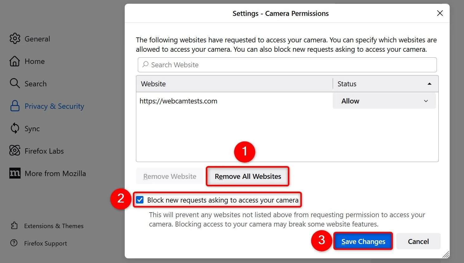 Quản lý quyền truy cập camera và micro cho các trang web trong cài đặt Mozilla Firefox.
