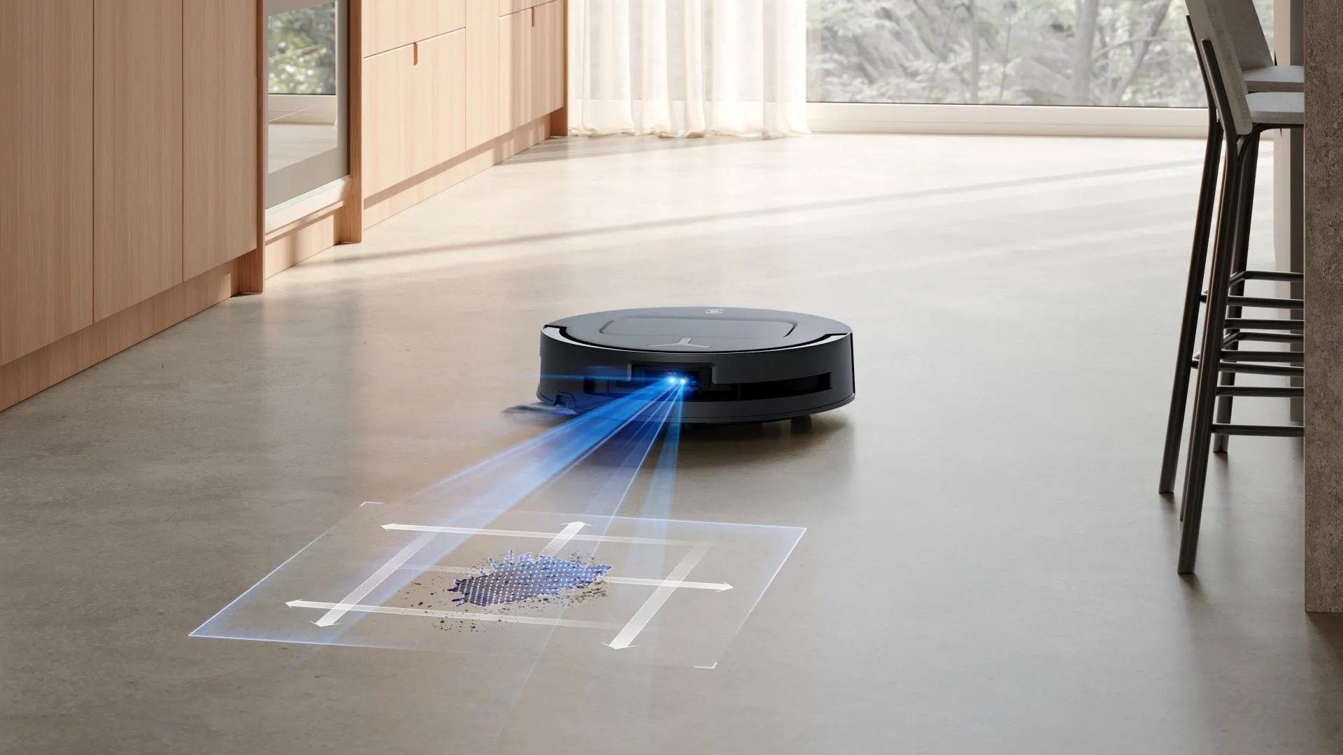 Robot hút bụi Ecovacs Deebot T80 Omni đang hoạt động, sử dụng AI để nhận diện và làm sạch sàn