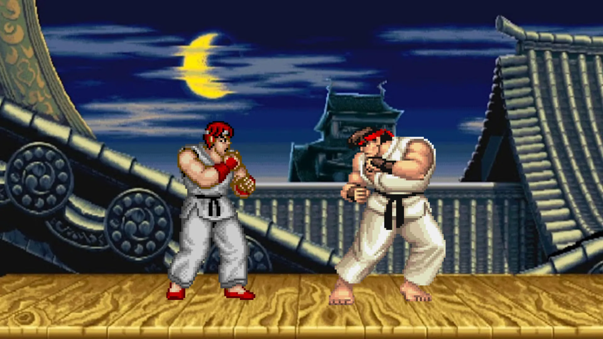 Ryu từ Street Fighter đối đầu với Ryu trong Street Fighter 2, thể hiện sự tiến hóa của dòng game