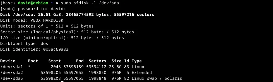 sfdisk liệt kê các phân vùng trong terminal Linux, minh họa khả năng tự động hóa