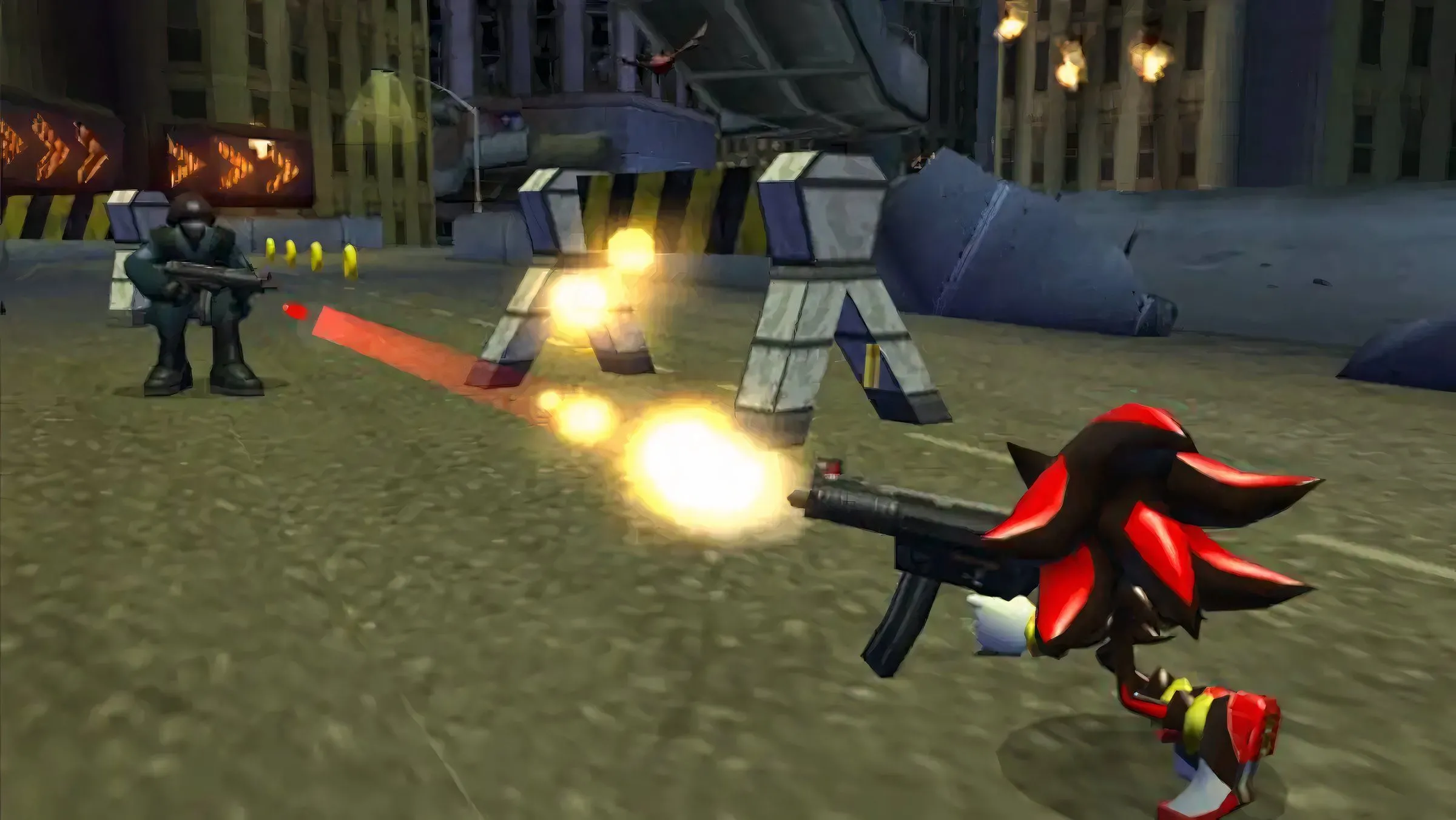 Shadow the Hedgehog bắn hạ binh lính, minh họa lối chơi hành động của tựa game cùng tên.