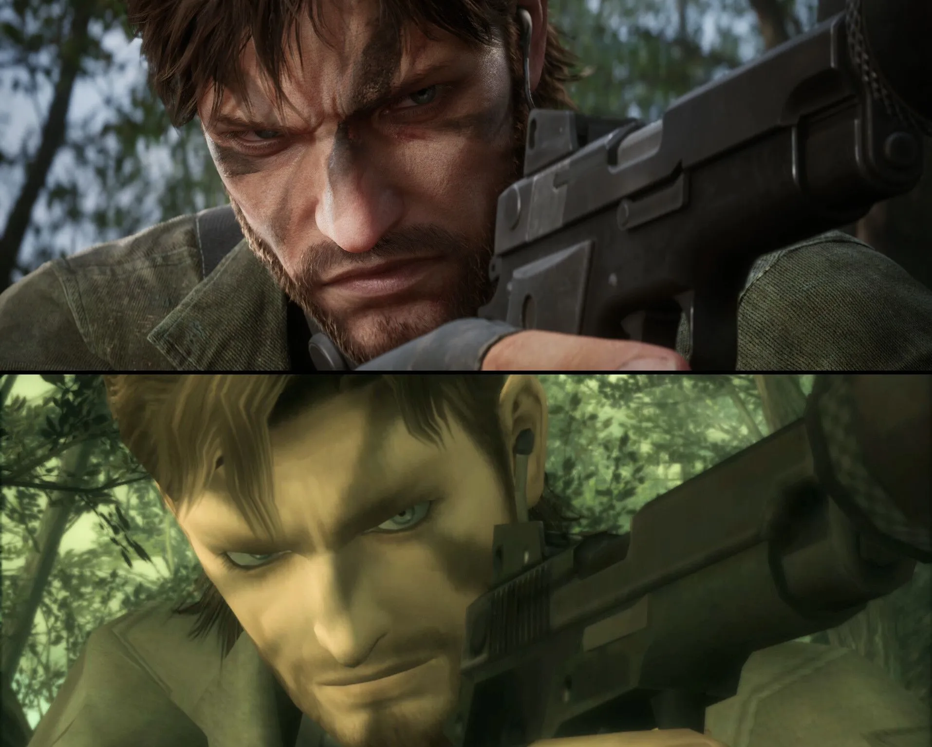 So sánh đồ họa Metal Gear Solid 3 bản gốc (dưới) và bản làm lại (trên)