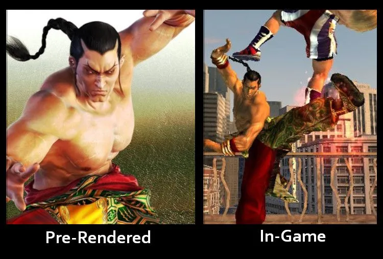 So sánh hình ảnh quảng cáo pre-rendered và đồ họa thực tế trong game Tekken 5