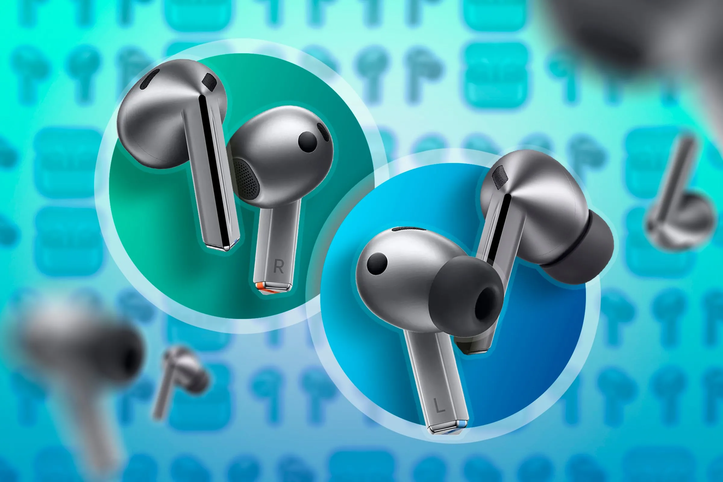 So sánh trực diện hai cặp tai nghe Galaxy Buds 3 và Galaxy Buds 3 Pro, cho thấy sự khác biệt về thiết kế thân tai nghe