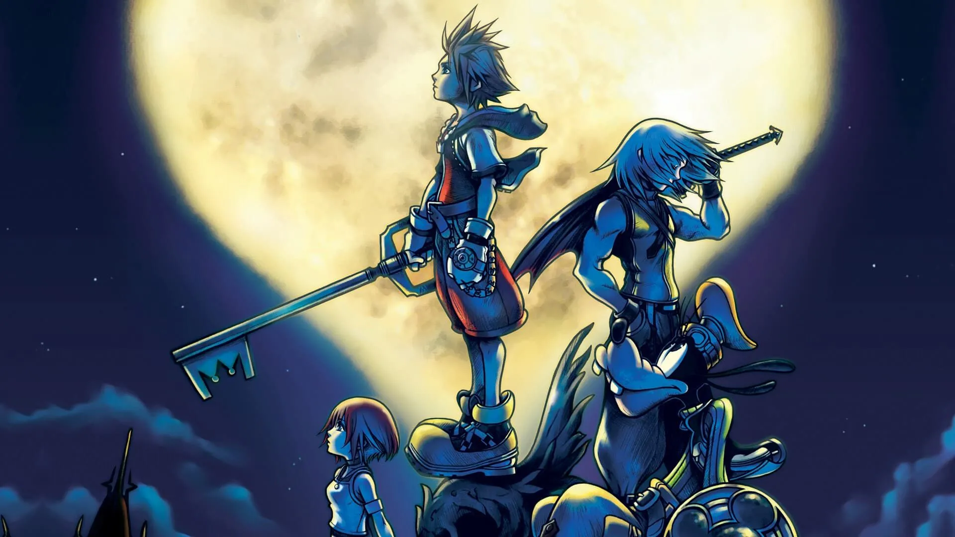 Sora, Riku, Kairi và Goofy trên bìa game Kingdom Hearts, series với nhiều bí ẩn và giả thuyết