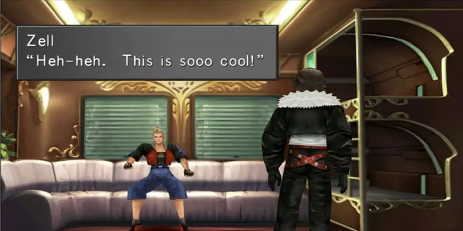 Squall Leonhart và Rinoa Heartilly trên tàu trong Final Fantasy 8, biểu tượng cho cốt truyện lãng mạn và hệ thống game phức tạp.
