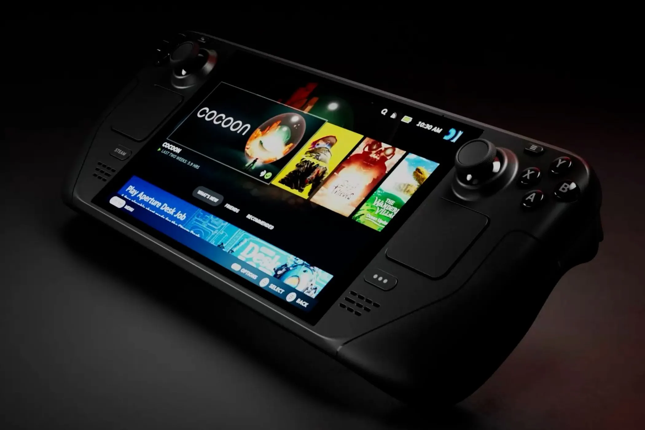 Steam Deck OLED với màn hình được lấy nét, minh họa thiết bị chơi game cầm tay mà Bazzite OS hỗ trợ