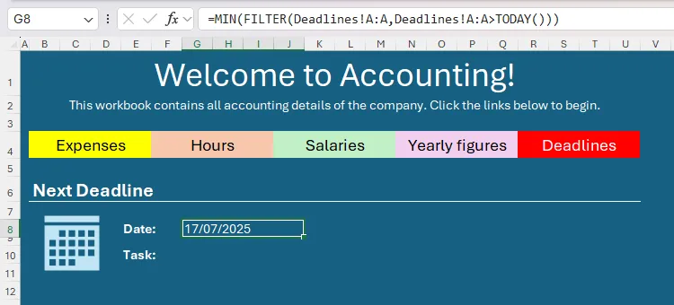Sử dụng các hàm MIN, FILTER và TODAY trong Excel để tự động tìm và hiển thị ngày hạn chót tiếp theo.
