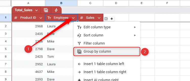 Sử dụng tùy chọn &quot;Nhóm theo Cột&quot; trong Google Sheets để tổng hợp dữ liệu