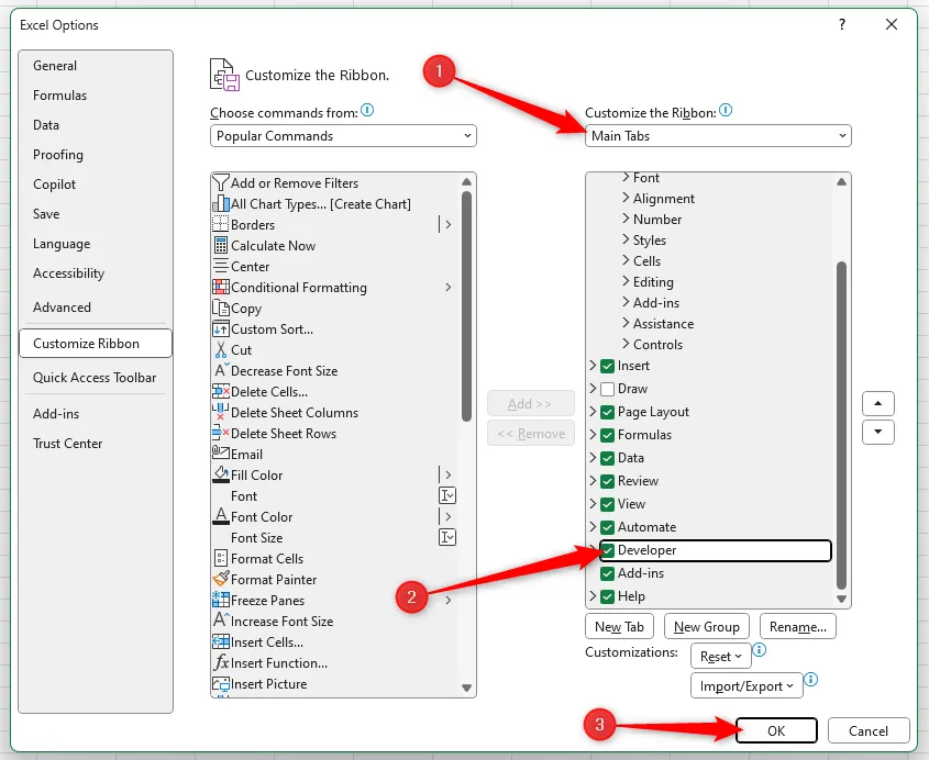 Tab Developer đã được đánh dấu chọn trong cửa sổ Tùy chọn Excel, và nút OK đã được chọn