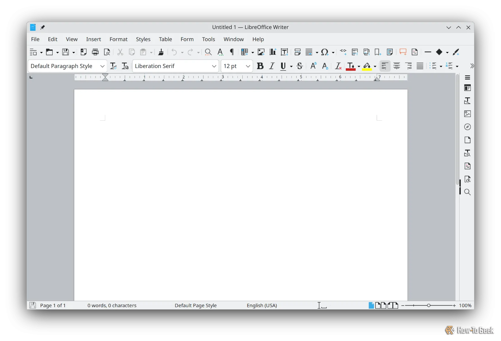 Tài liệu trắng trong LibreOffice Writer, hiển thị giao diện người dùng