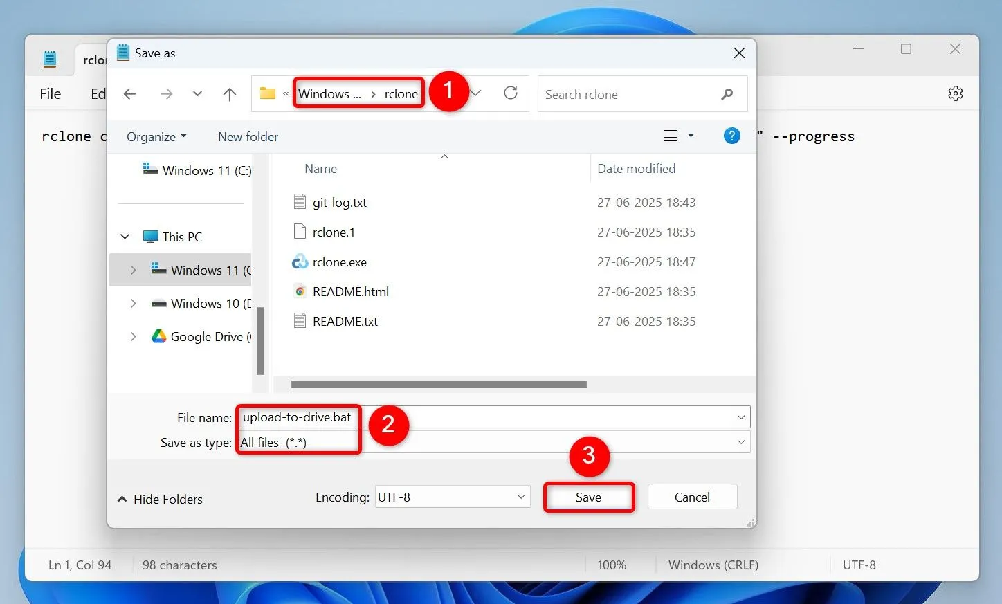 Tạo tập tin batch Rclone trong Notepad