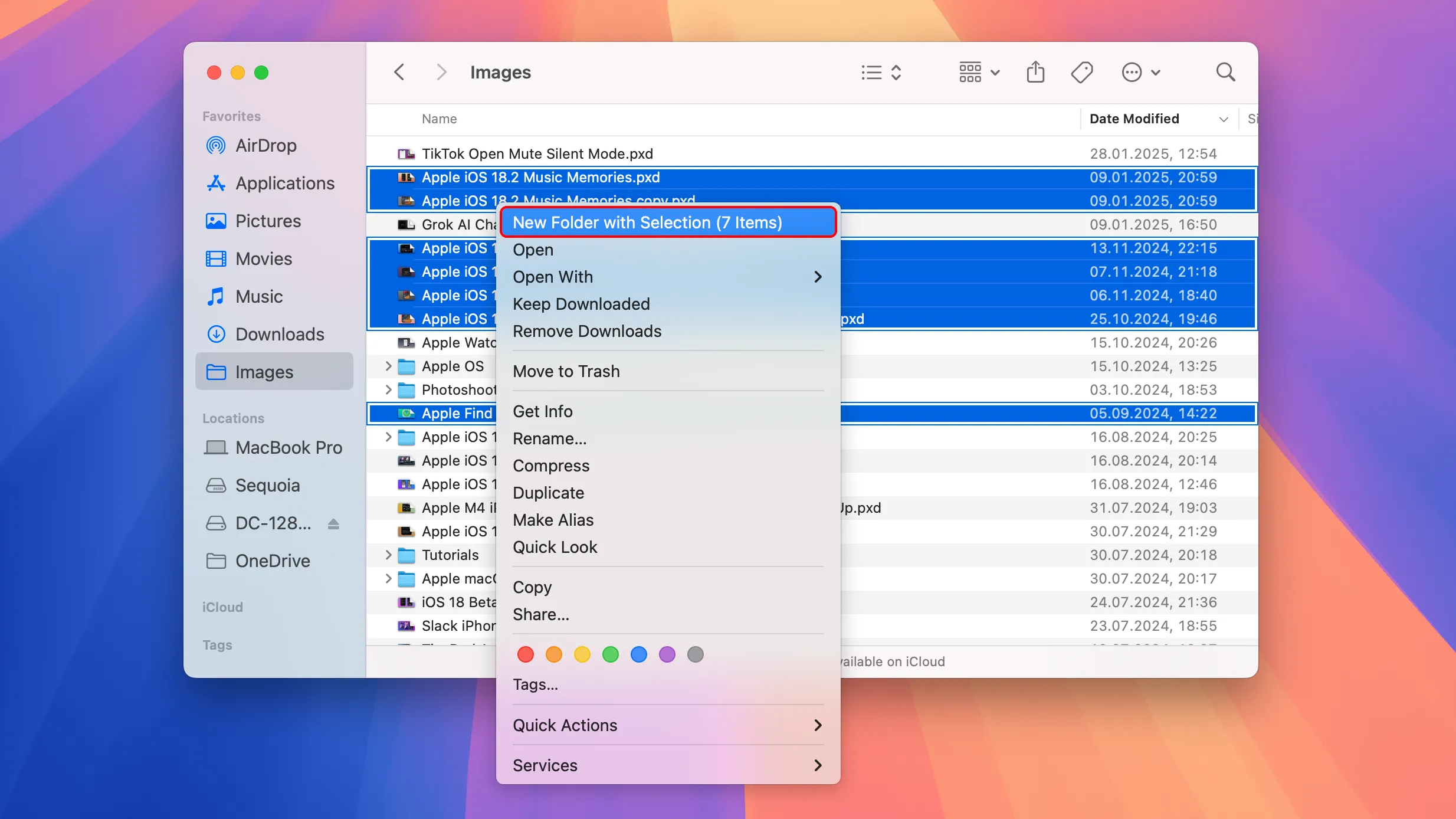 Tạo thư mục mới từ các tệp đã chọn trong Finder trên macOS.