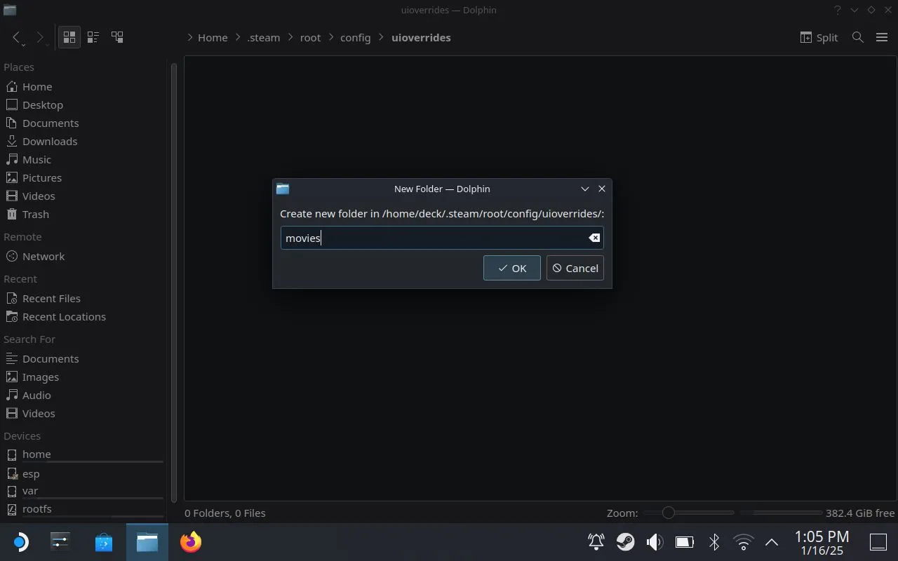 Tạo thư mục &quot;uioverrides&quot; mới trong Trình quản lý Tệp Dolphin để chứa video khởi động