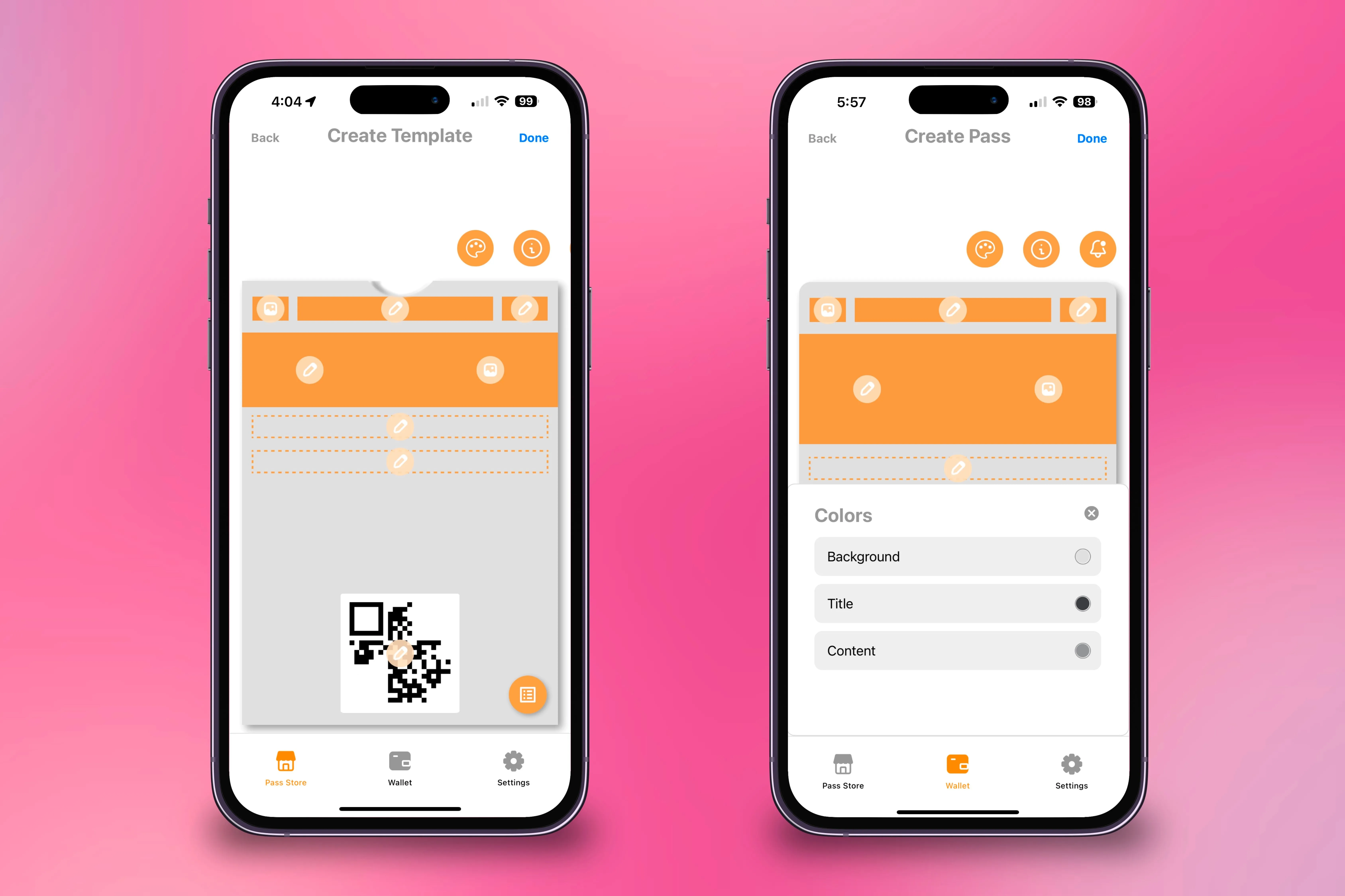 Tạo và tùy chỉnh giao diện, màu sắc của thẻ cá nhân trong ứng dụng Pass2U trên hai chiếc iPhone.