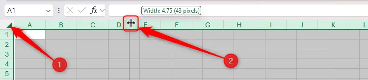 Tất cả ô trong bảng tính Excel được chọn, chiều rộng cột được giảm xuống 4.75 đơn vị để tối ưu không gian.
