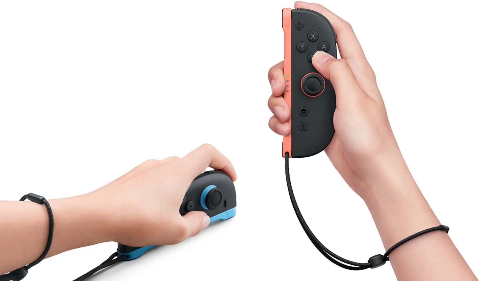 Tay cầm Joy-Con 2 của Nintendo Switch 2, với một bên được cầm theo chiều dọc và một bên ở chế độ chuột, minh họa khả năng lập trình lại nút C
