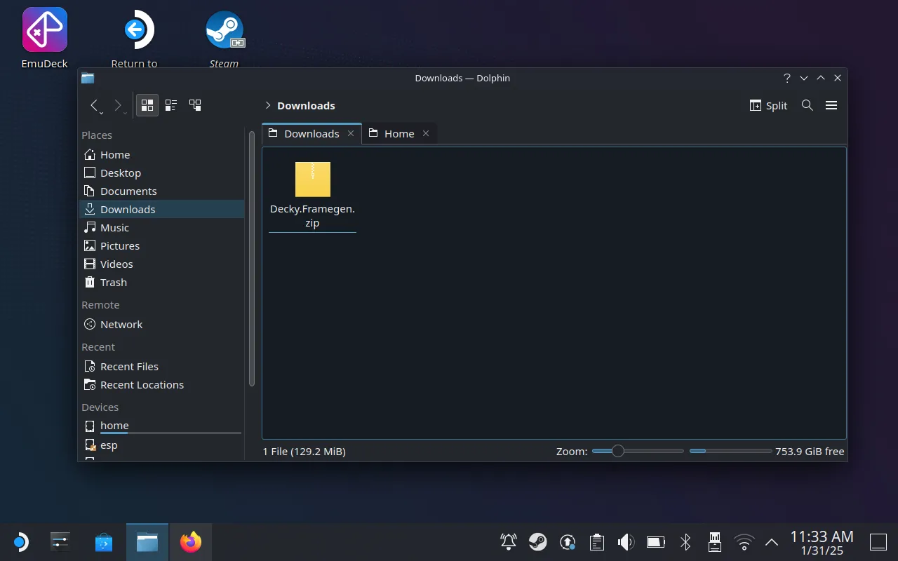 Tệp nén Decky-Framegen.zip hiển thị trong thư mục Downloads của Steam Deck, sẵn sàng để giải nén và cài đặt mod FSR 3.