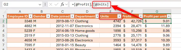Tham chiếu có cấu trúc trong Excel đã tự động điều chỉnh theo sự thay đổi tên cột