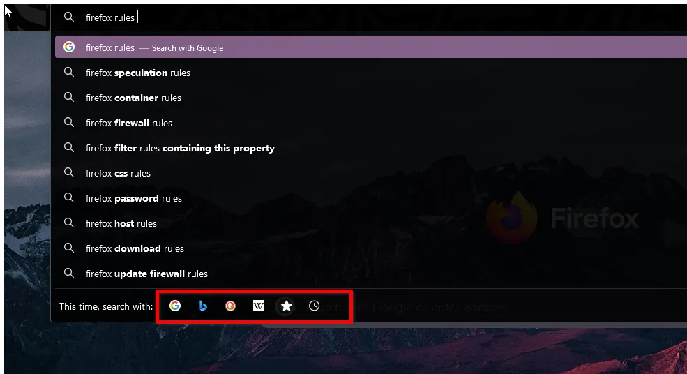 Thanh địa chỉ đa năng (Omnibar) của Firefox hiển thị các biểu tượng công cụ tìm kiếm khác nhau như Wikipedia, Bing, DuckDuckGo để lựa chọn nhanh chóng.