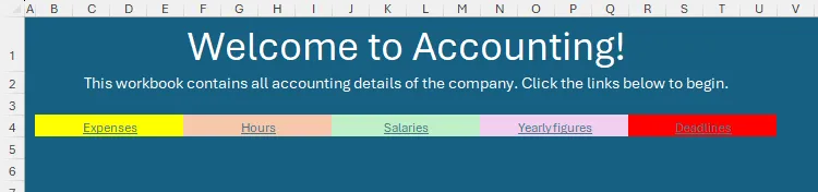 Thanh điều hướng trong trang chủ Excel với các liên kết màu xanh mặc định đến các bảng tính khác.