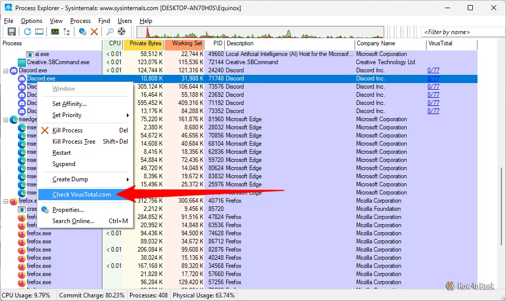 Thao tác kiểm tra ứng dụng Discord.exe bằng VirusTotal.com trực tiếp từ Process Explorer.