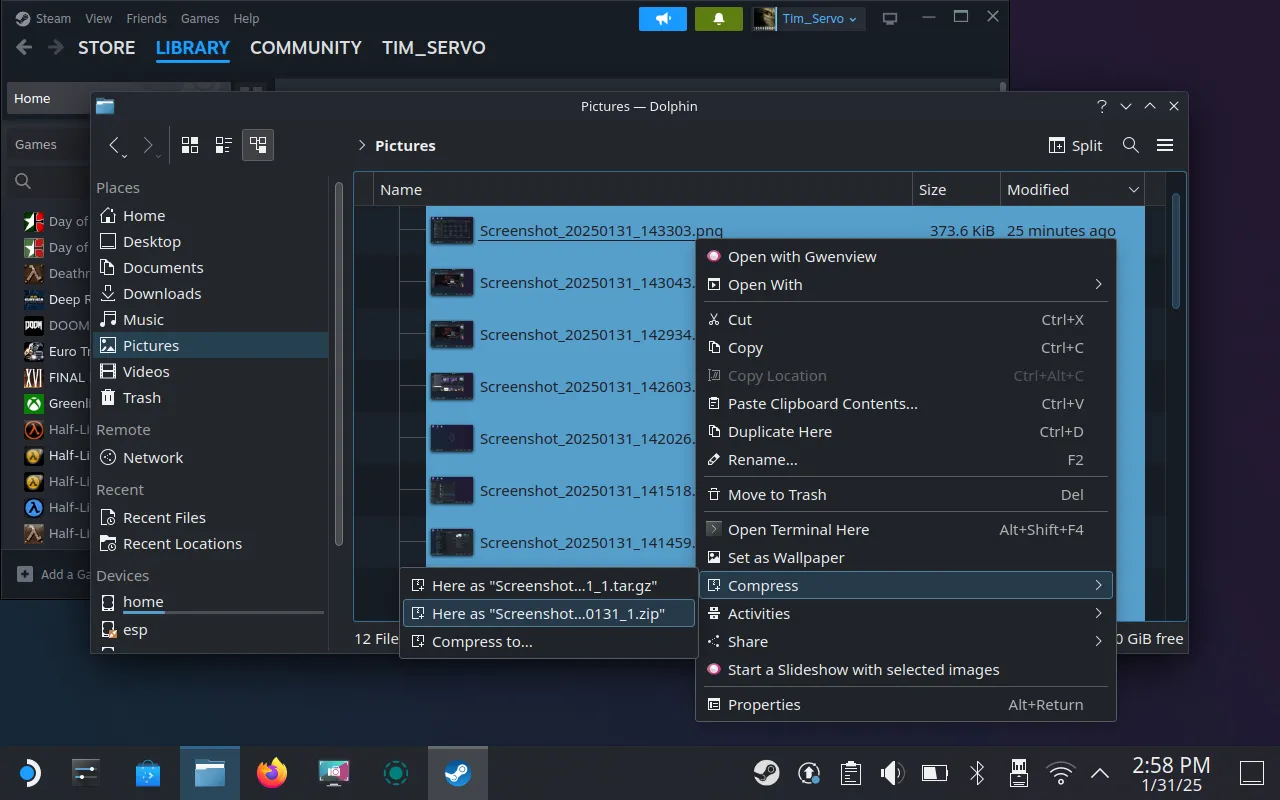 Thao tác nén nhiều file ảnh chụp màn hình thành file ZIP để dễ dàng chuyển trên Steam Deck