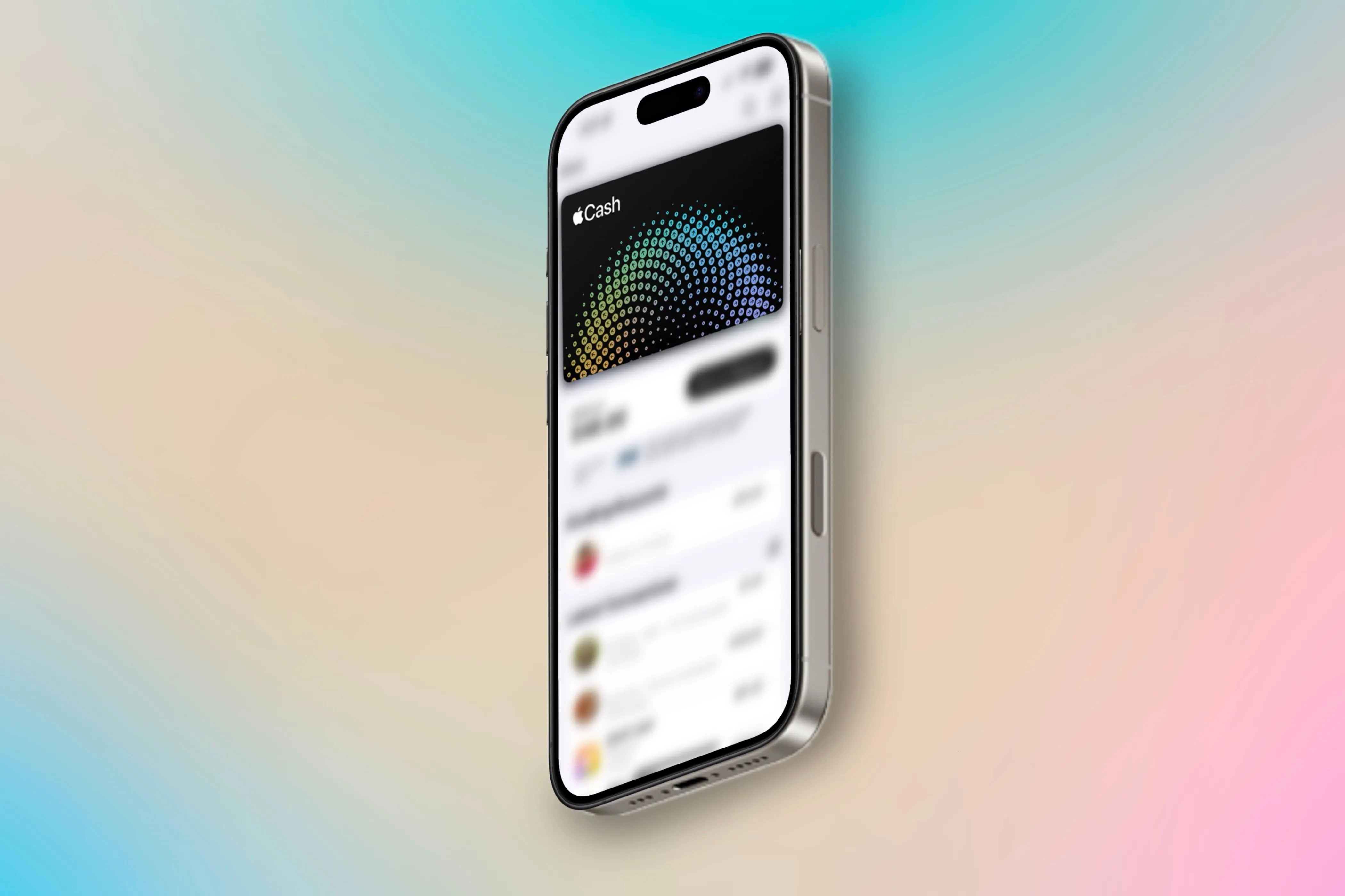 Thẻ Apple Cash được hiển thị trong ứng dụng Ví trên iPhone với nền màu sắc tươi sáng