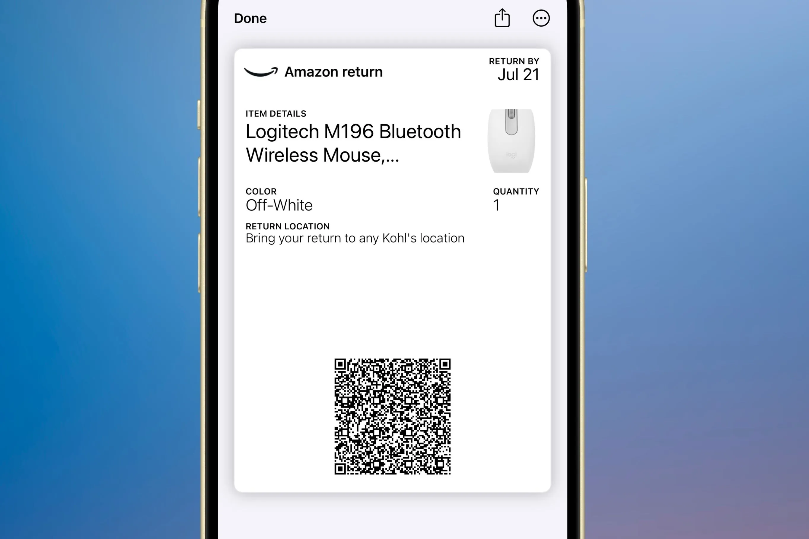 Thẻ trả hàng Amazon hiển thị chi tiết sản phẩm, mã QR và thông tin địa điểm trong ứng dụng Apple Wallet