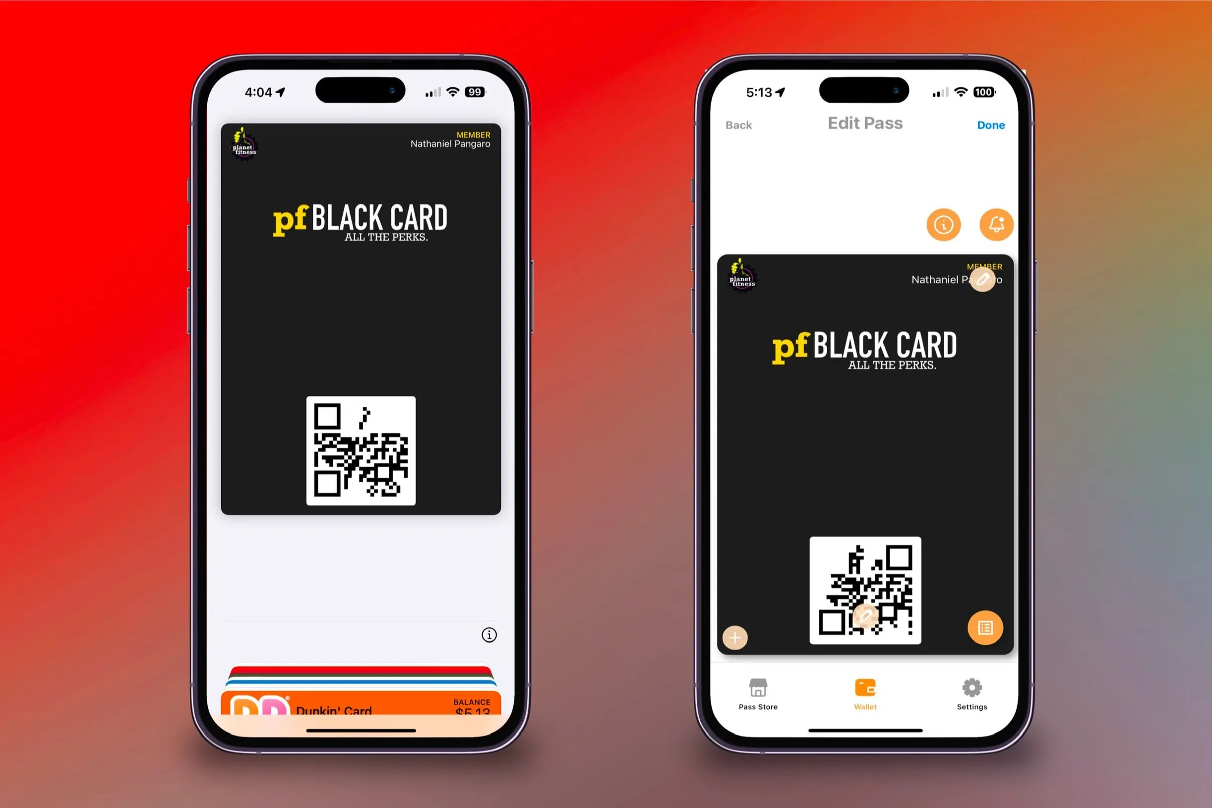 Thẻ tùy chỉnh được tạo từ Pass2U hiển thị trong ứng dụng Apple Wallet và khả năng chỉnh sửa thẻ hiện có.