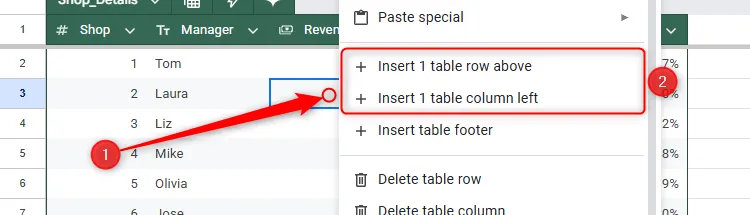 Thêm cột hoặc hàng vào bảng Google Sheets bằng menu chuột phải