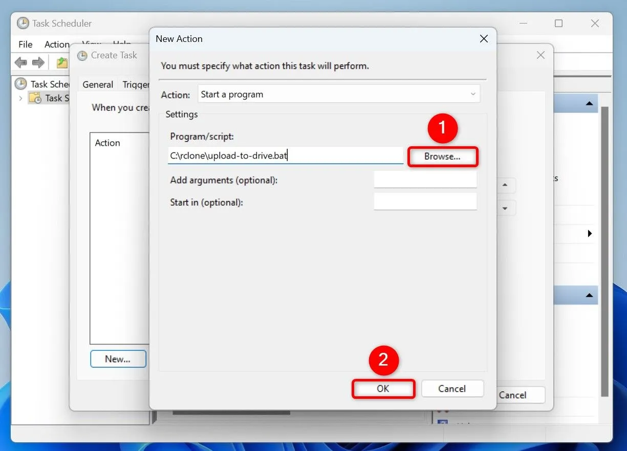 Thêm hành động chạy file batch Rclone