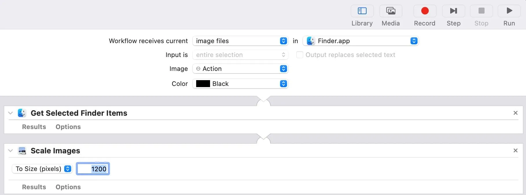 Thêm và cấu hình tác vụ Scale Images để thay đổi kích thước ảnh trong Automator.