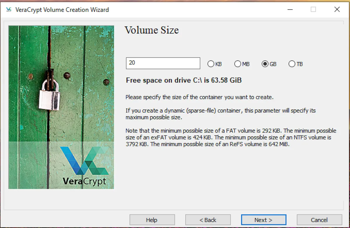 Thiết lập kích thước volume cho container VeraCrypt mới, cân nhắc giữa dung lượng cần thiết và khả năng của ổ đĩa sao lưu