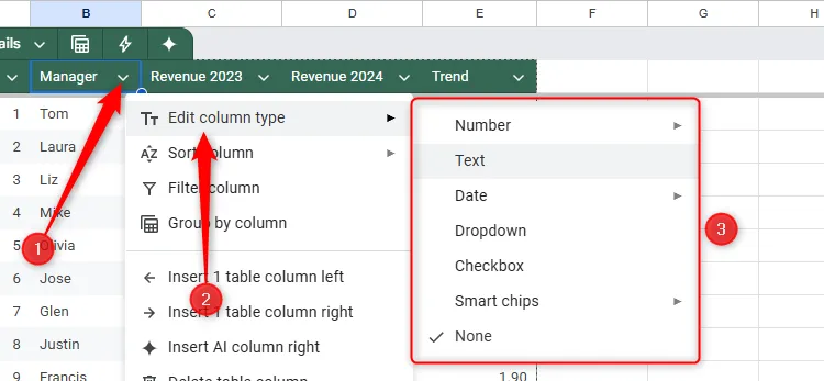 Thiết lập kiểu dữ liệu cho cột trong Google Sheets qua tùy chọn &quot;Chỉnh sửa Kiểu cột&quot;