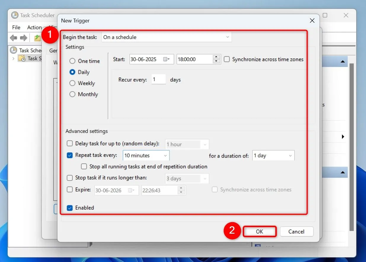 Thiết lập lịch trình tải lên Rclone trong Task Scheduler