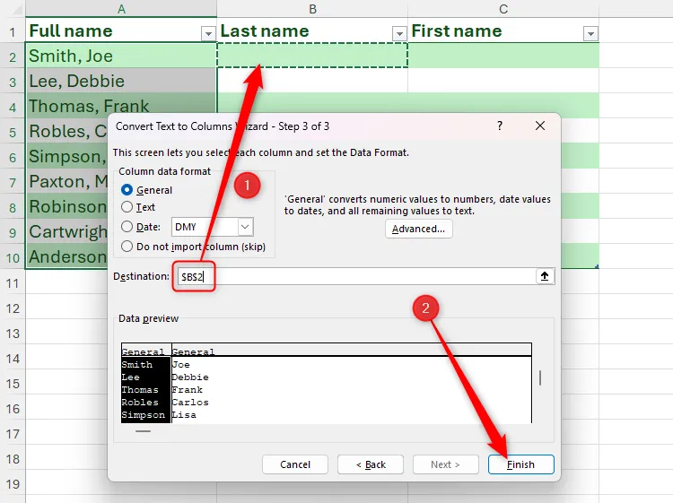 Thiết lập ô đích là B2 để kết quả tách dữ liệu hiển thị trong Excel