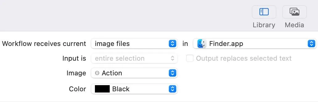 Thiết lập tác vụ Workflow Receives Current thành &quot;Image Files&quot; trong Finder trên Automator.