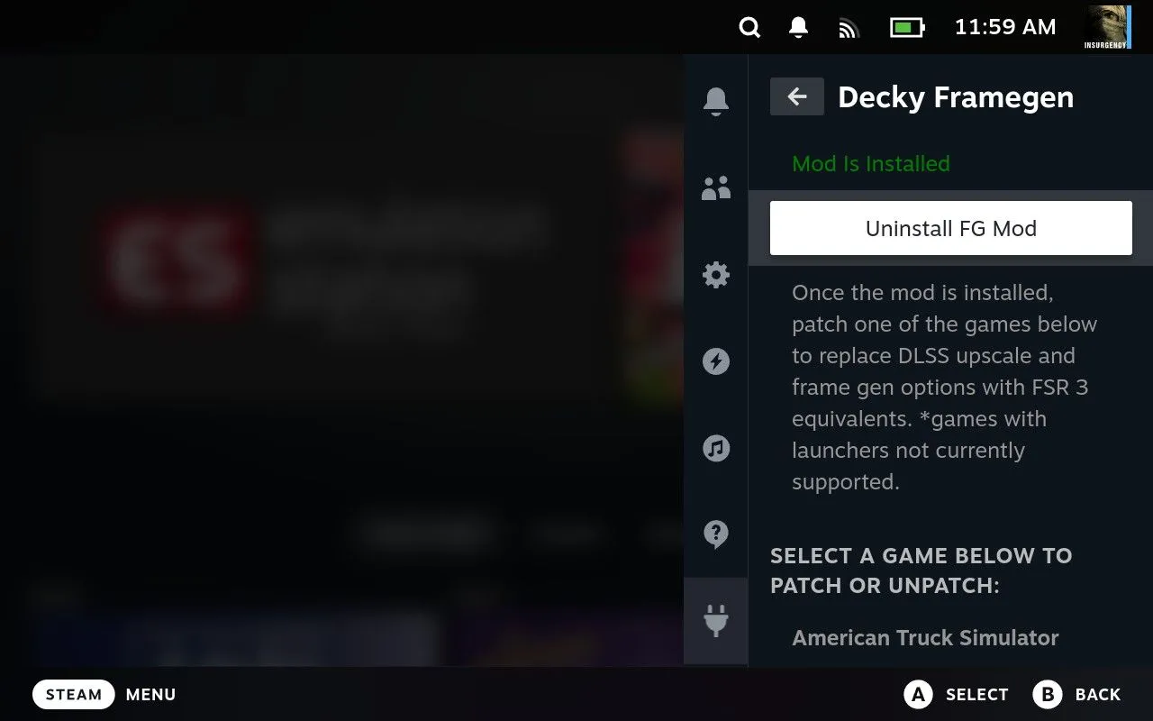 Thông báo &quot;Mod Is Installed&quot; màu xanh lá cây cho Decky Framegen trên Steam Deck, xác nhận quá trình cài đặt mod FSR 3 đã hoàn tất.