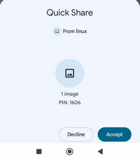 Thông báo trên điện thoại Android xác nhận nhận file đến từ Linux thông qua ứng dụng Packet