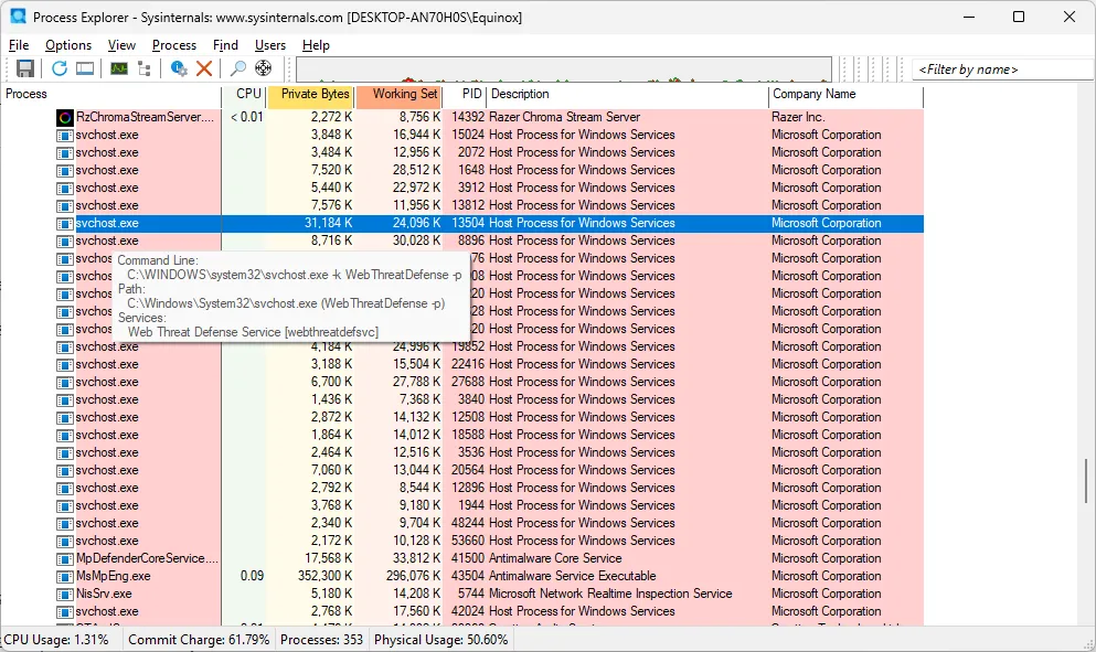 Thông tin chi tiết về tiến trình svchost.exe hiển thị trong Process Explorer, bao gồm đường dẫn file.