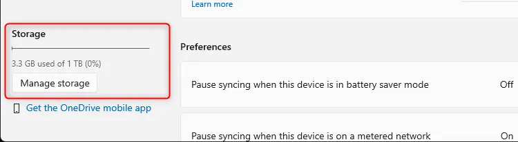 Thông tin dung lượng lưu trữ OneDrive được hiển thị trong cửa sổ Cài đặt OneDrive