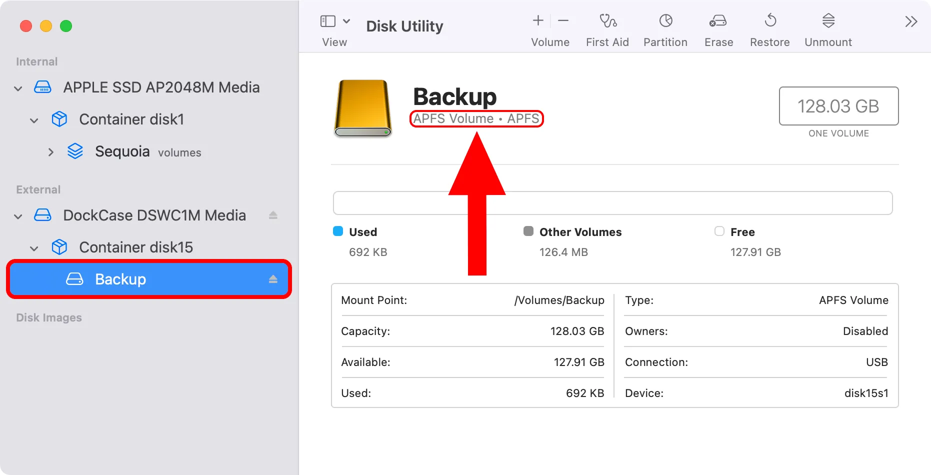 Thông tin ổ đĩa ngoài trong Disk Utility xác nhận định dạng APFS đã áp dụng.