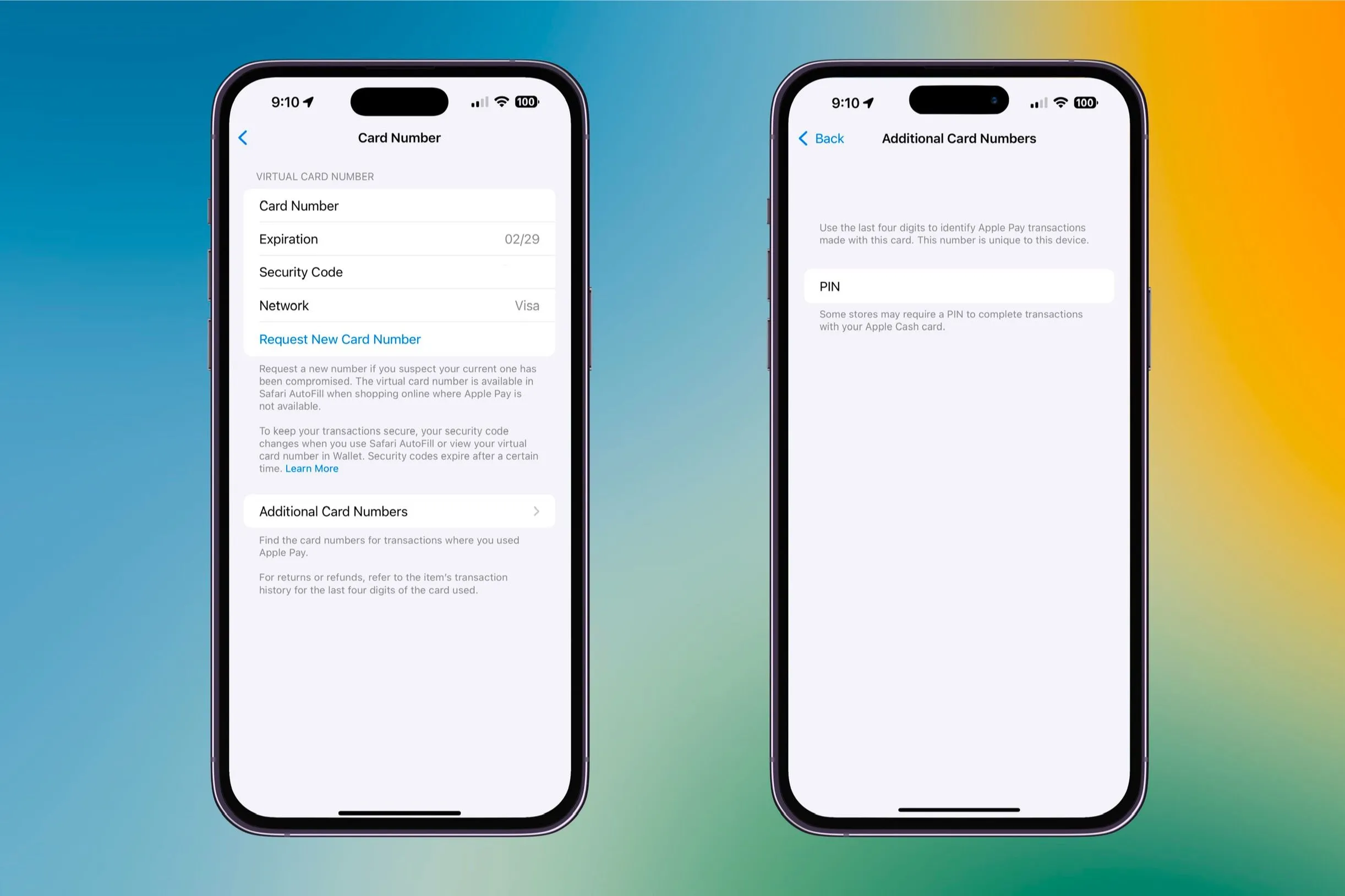 Thông tin số thẻ kỹ thuật số của Apple Cash bao gồm số thẻ, ngày hết hạn và mã bảo mật