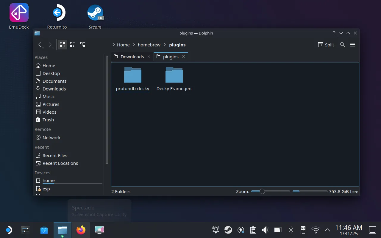 Thư mục Decky Framegen hiển thị trong homebrew/plugins trên Steam Deck, xác nhận mod đã được cài đặt thành công.